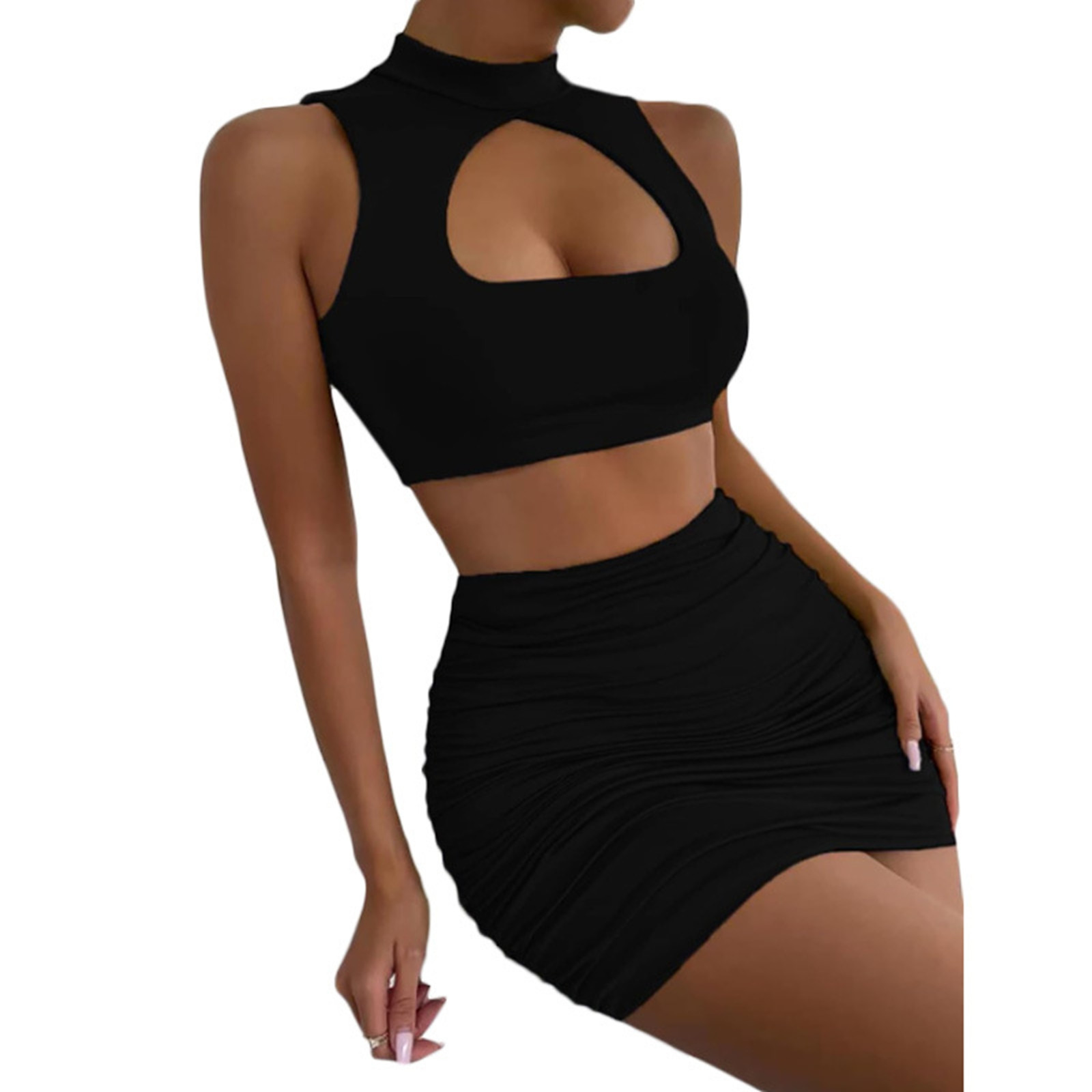 thumbnail image 2 of Conjunto de top corto con aberturas y falda para mujer: vestido ajustado sexy, poliéster y spandex, conjunto para salir de fiesta por la noche, 2 of 5